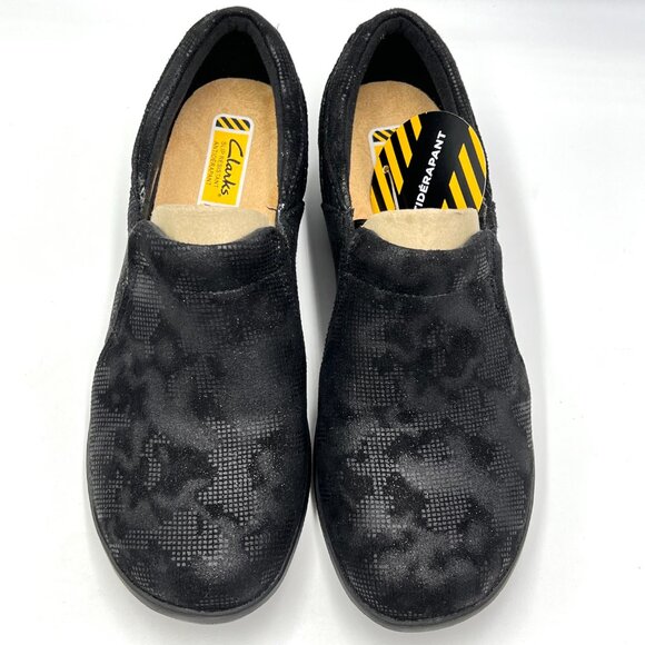 6W 6 WIDE WIDTH Clarks Talen Pace Black Slip Resistant Slip‎ On Clogs Shoes New - Picture 3 of 12